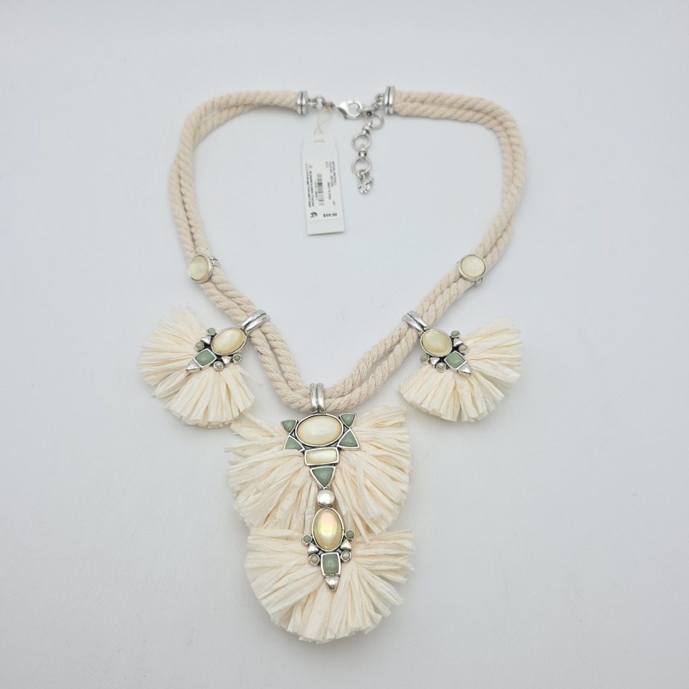 New! LUCKY BRAND Bib Necklace Rafia Natural Palm Fiber‎ Green Stone Silver Tone